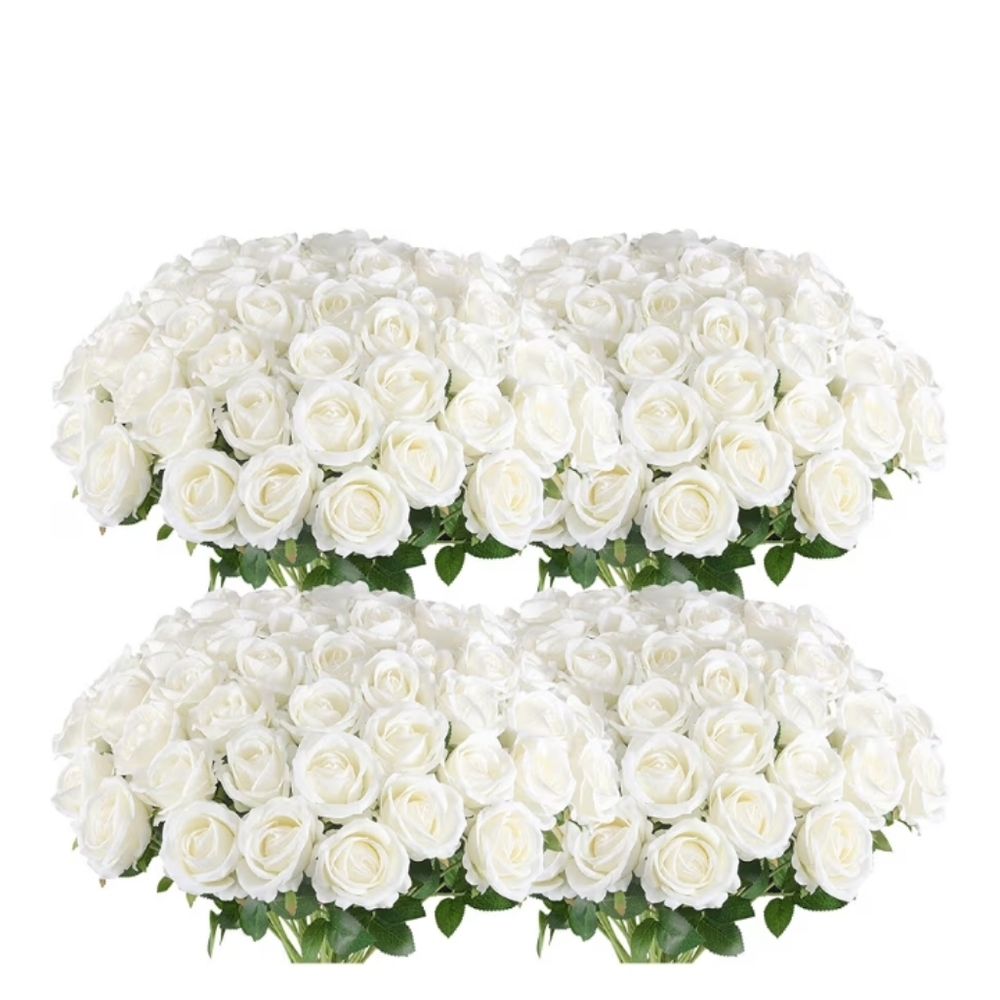 24 Pcs Red Roses And White Artificial Flowers, Fake Velvet Silk